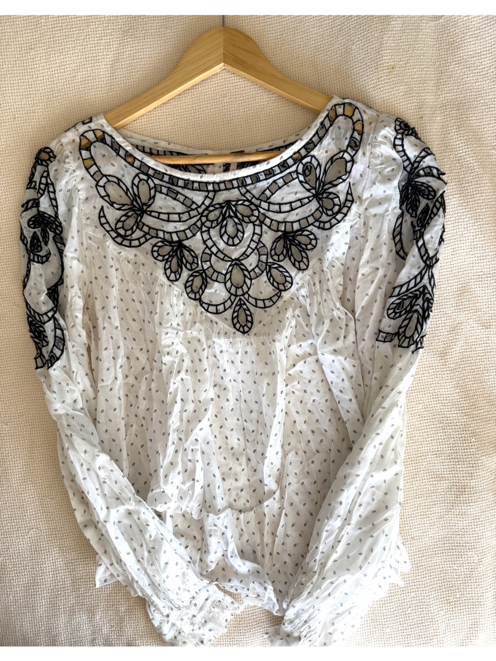 Free People White Eyelet‎ Peasant Blouse with Black Embroidery Cottagecore